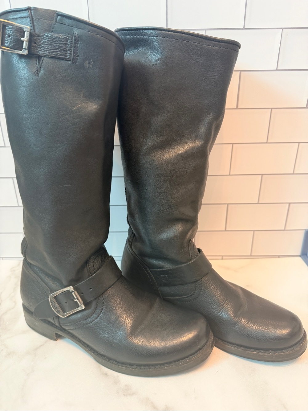 Frye Veronica Slouch Black Leather Mid-Calf Buckle Boots